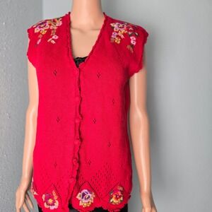 Vtg Susan Bristol Red Floral Embroidered Cardigan Vest Sleeveless Sweater Med
